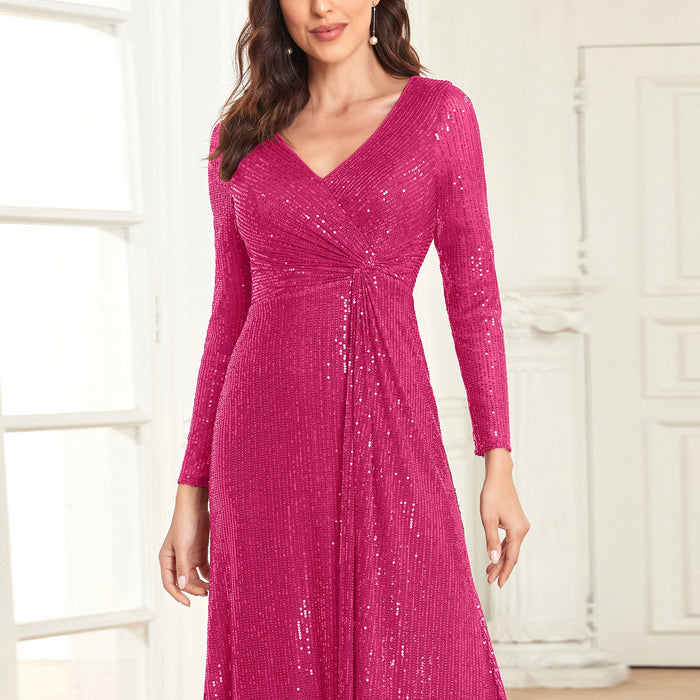 Long Sleeve V-Neck Fit Maxi Formal Gown Evening Dress For Women - Rosymae