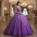 Long Sleeves O-Neck Beads Ball Gown Purple Prom Dress - Rosymae