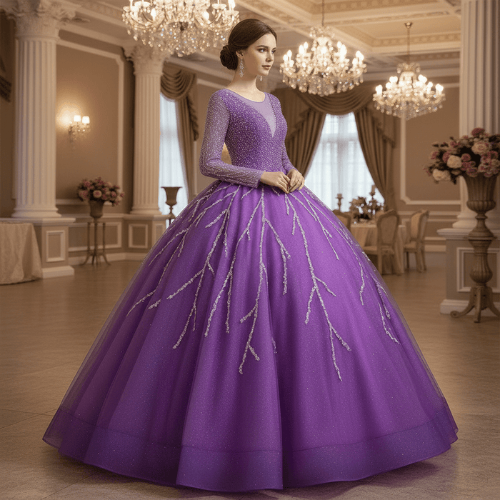 Long Sleeves O-Neck Beads Ball Gown Purple Prom Dress - Rosymae