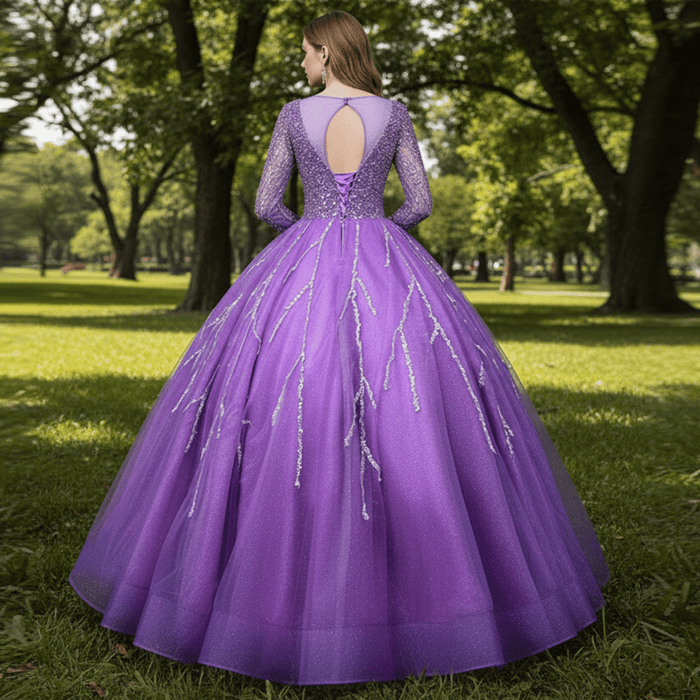 Long Sleeves O-Neck Beads Ball Gown Purple Prom Dress - Rosymae