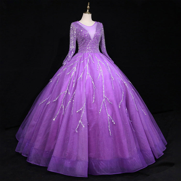 Long Sleeves O-Neck Beads Ball Gown Purple Prom Dress - Rosymae