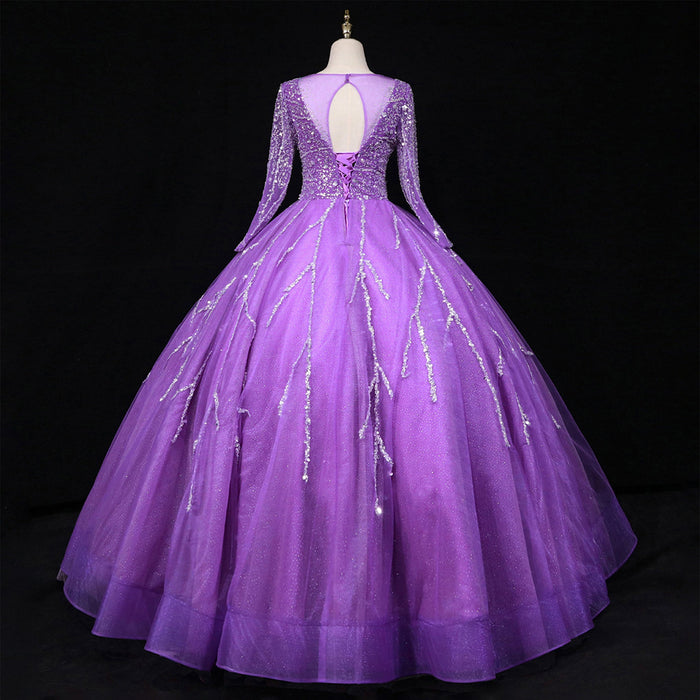 Long Sleeves O-Neck Beads Ball Gown Purple Prom Dress - Rosymae