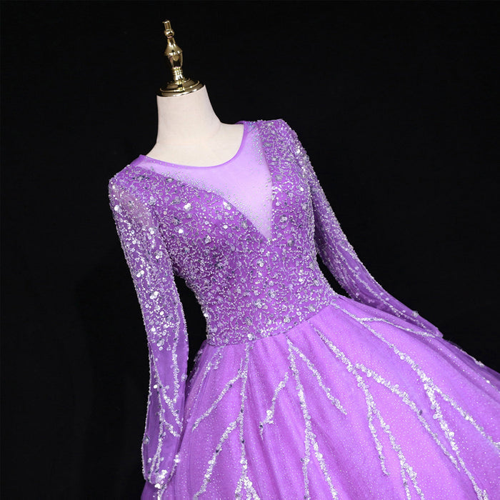 Long Sleeves O-Neck Beads Ball Gown Purple Prom Dress - Rosymae
