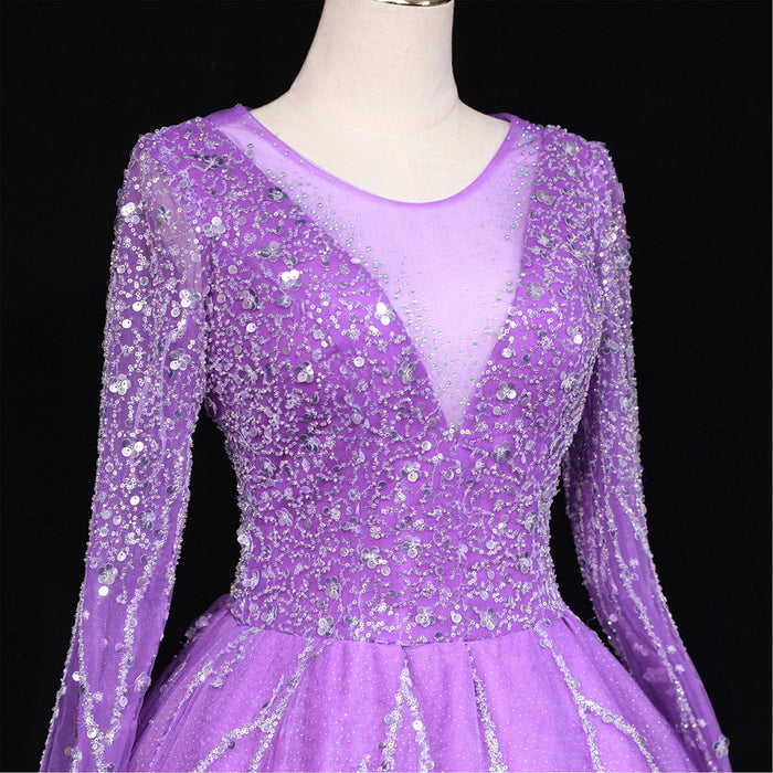 Long Sleeves O-Neck Beads Ball Gown Purple Prom Dress - Rosymae