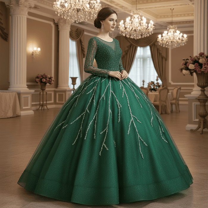 Long Sleeves O-Neck Beads Ball Gown Purple Prom Dress - Rosymae