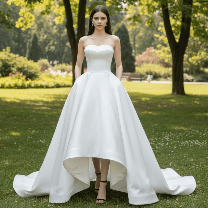 Low Front and Back A-line Satin Wedding Dress with Pocket - Rosymae