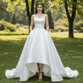 Low Front and Back A-line Satin Wedding Dress with Pocket - Rosymae