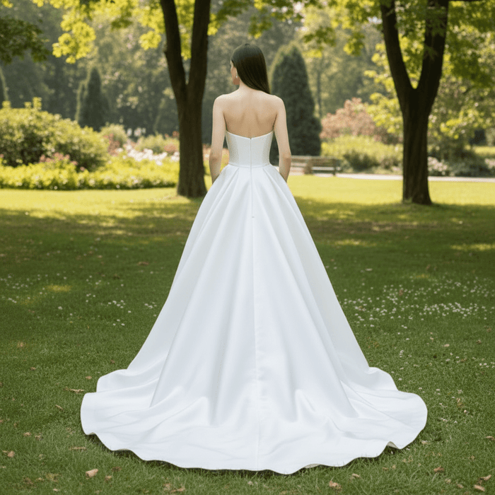 Low Front and Back A-line Satin Wedding Dress with Pocket - Rosymae