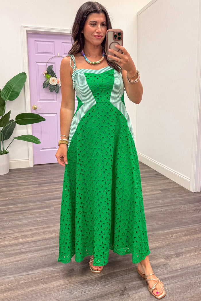 green lace eyelet and seersucker print sleeveless midi dress