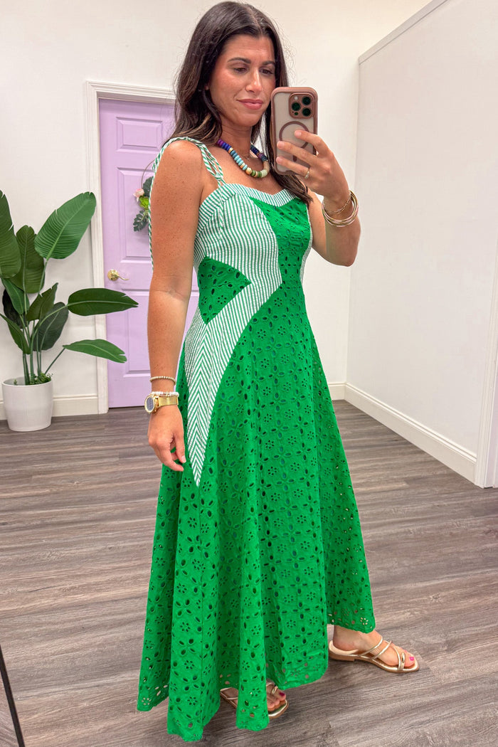green lace eyelet and seersucker print self tie spaghetti strap sleeveless midi dress
