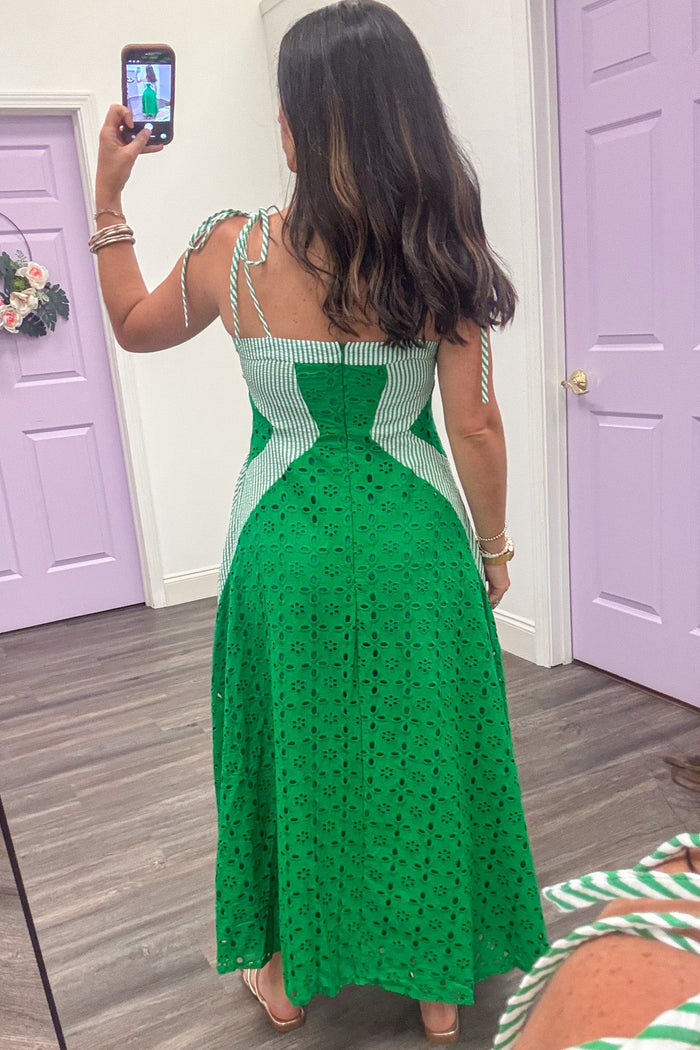 green lace eyelet and seersucker print sleeveless midi dress with back zipper closure