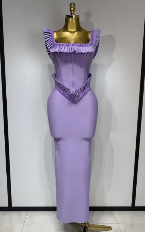 Lucy Square Collar Ruffle Beaded Long Bodycon Bandage Dress