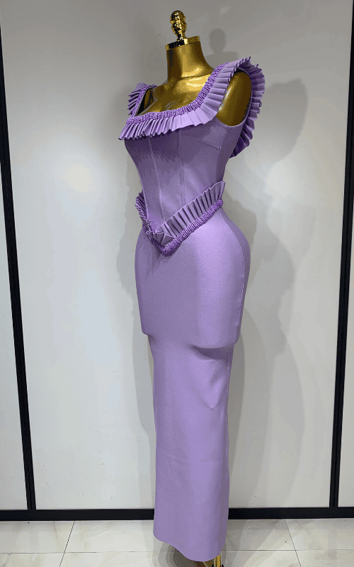 Lucy Square Collar Ruffle Beaded Long Bodycon Bandage Dress