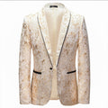 Men’s luxury cream and gold metallic slim fit dinner jacket with matching pants for formal or wedding wear