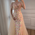 Luxury Nude Off Shoulder Floral Beaded Evening Dress with Detachable Overskirt Customized