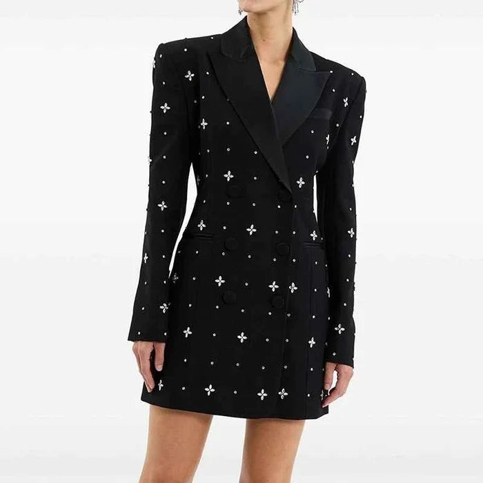 Luxury Rhinestone V-Neck Jacket For Women Crystals Long Sleeve Elegant Long Blazer