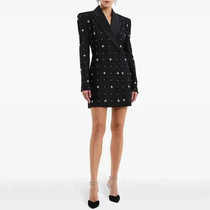 Luxury Rhinestone V-Neck Jacket For Women Crystals Long Sleeve Elegant Long Blazer