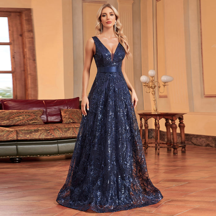 Luxury V-Neck Sequins Evening Gown Women Elegant Prom Maxi Dress - Rosymae