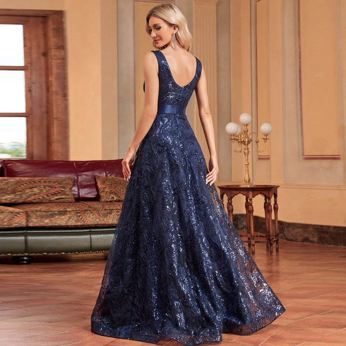 Luxury V-Neck Sequins Evening Gown Women Elegant Prom Maxi Dress - Rosymae