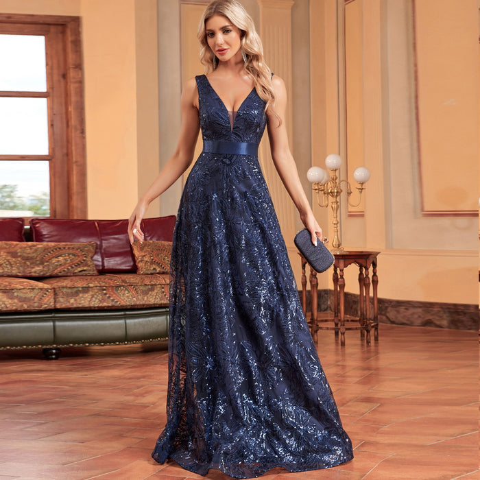 Luxury V-Neck Sequins Evening Gown Women Elegant Prom Maxi Dress - Rosymae