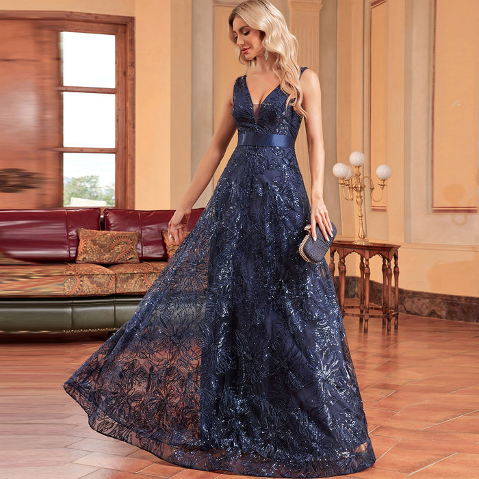 Luxury V-Neck Sequins Evening Gown Women Elegant Prom Maxi Dress - Rosymae