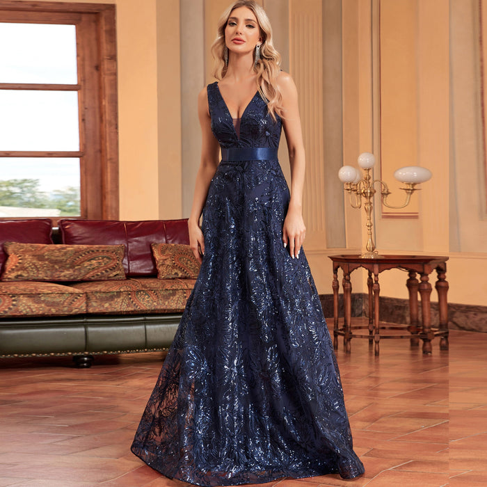 Luxury V-Neck Sequins Evening Gown Women Elegant Prom Maxi Dress - Rosymae