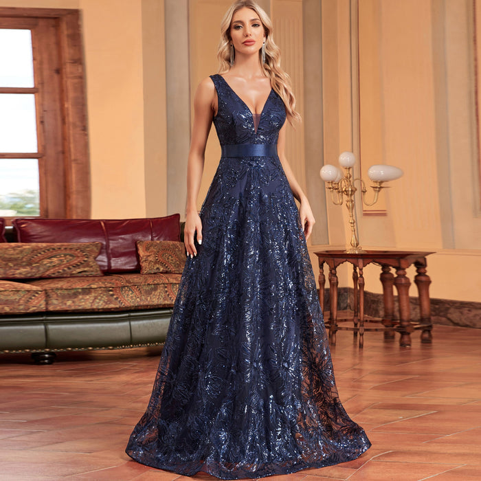 Luxury V-Neck Sequins Evening Gown Women Elegant Prom Maxi Dress - Rosymae