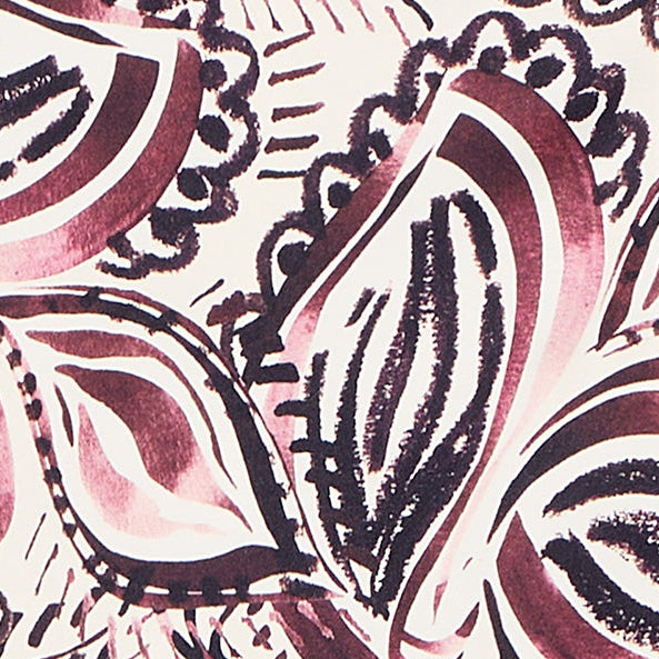 Close-up of a patterned fabric with abstract shapes in pink and black. | Swatch | Exclude