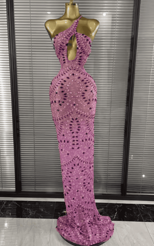 Maddie Sparkly Crystal Pink Sheer Mesh Halter Backless Bodycon Maxi Dress