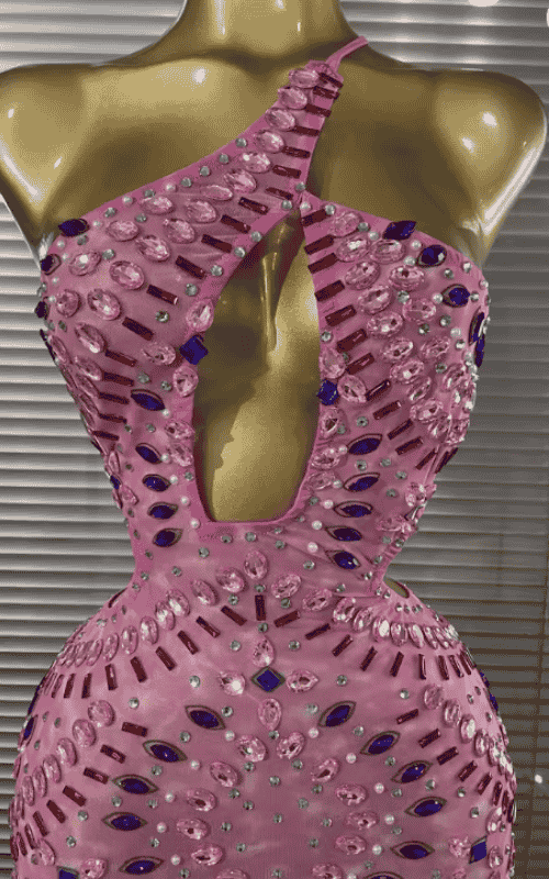 Maddie Sparkly Crystal Pink Sheer Mesh Halter Backless Bodycon Maxi Dress