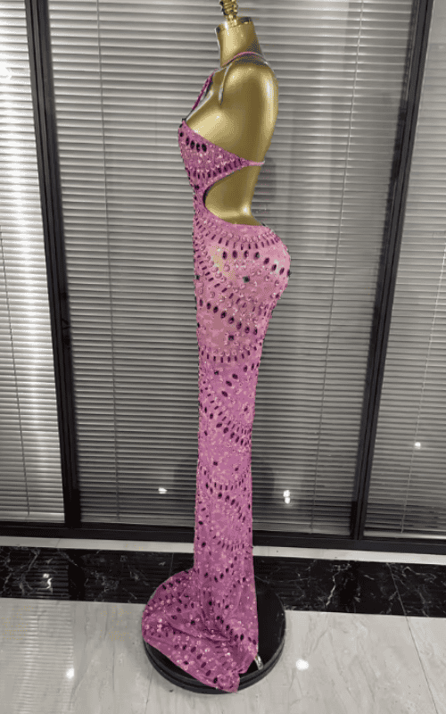 Maddie Sparkly Crystal Pink Sheer Mesh Halter Backless Bodycon Maxi Dress