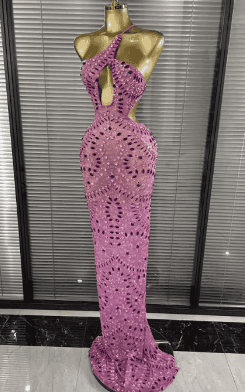 Maddie Sparkly Crystal Pink Sheer Mesh Halter Backless Bodycon Maxi Dress