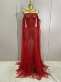 Makayla sparkly rhinestone pearl strapless mesh dress with rhinestone and pearl details for women.