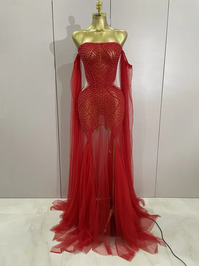 Makayla sparkly rhinestone pearl strapless mesh dress with rhinestone and pearl details for women.