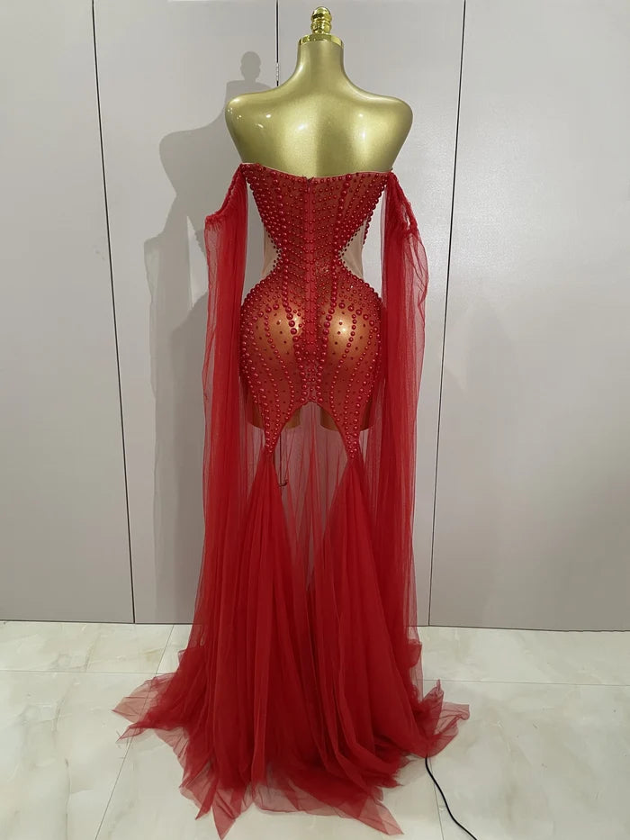 Makayla sparkly rhinestone pearl strapless mesh dress with rhinestone and pearl details for women.