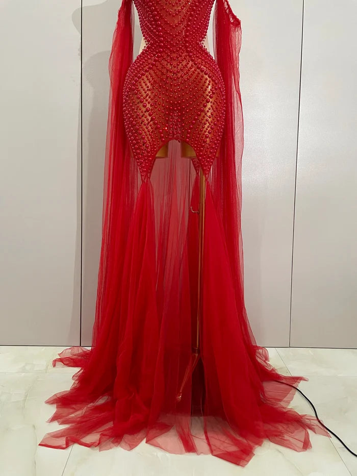 Makayla sparkly rhinestone pearl strapless mesh dress with rhinestone and pearl details for women.