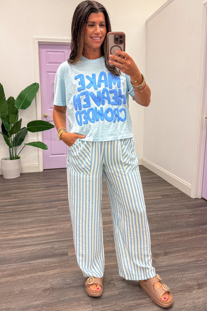 light blue with darker blue make heaven crowded graphic short sleeve cropped t-shirt