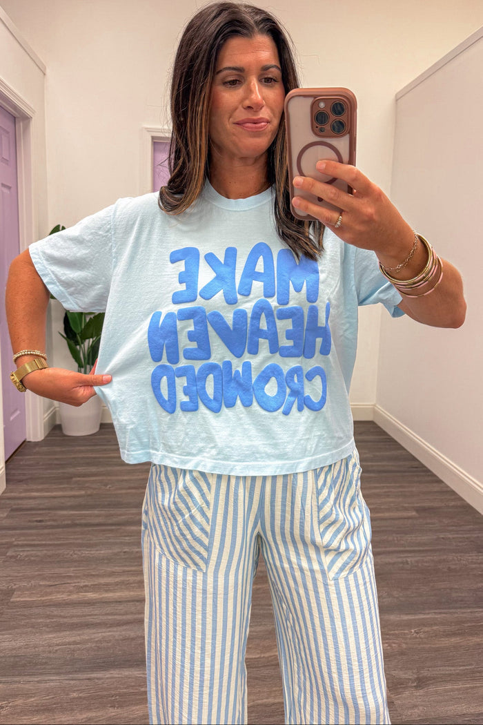 light blue with darker blue make heaven crowded graphic crew neckline cropped t-shirt