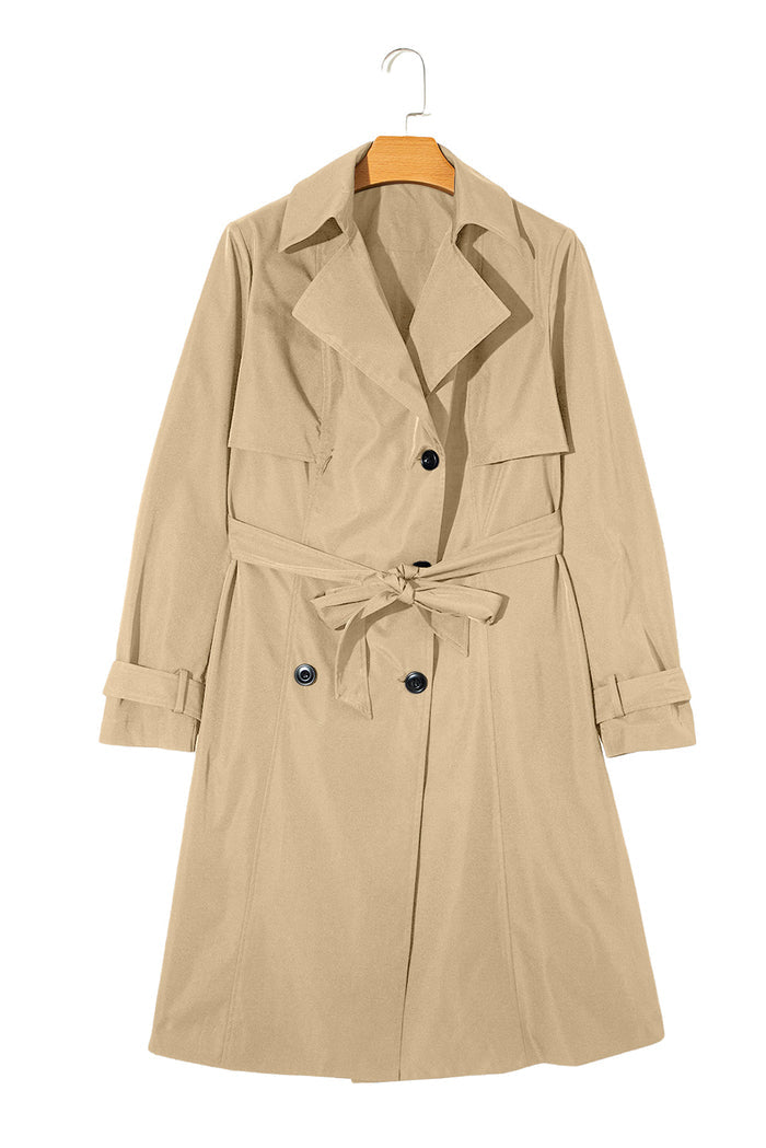 Manteau coupe-vent kaki pâle, couleur unie, col à revers, cravate à la taille