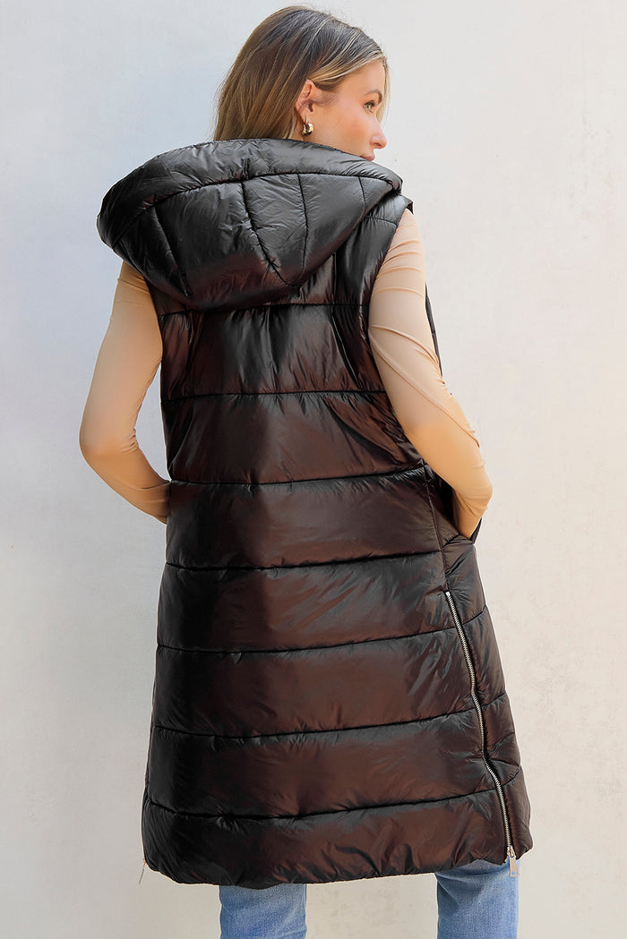 Manteau gilet long matelassé à capuche noir