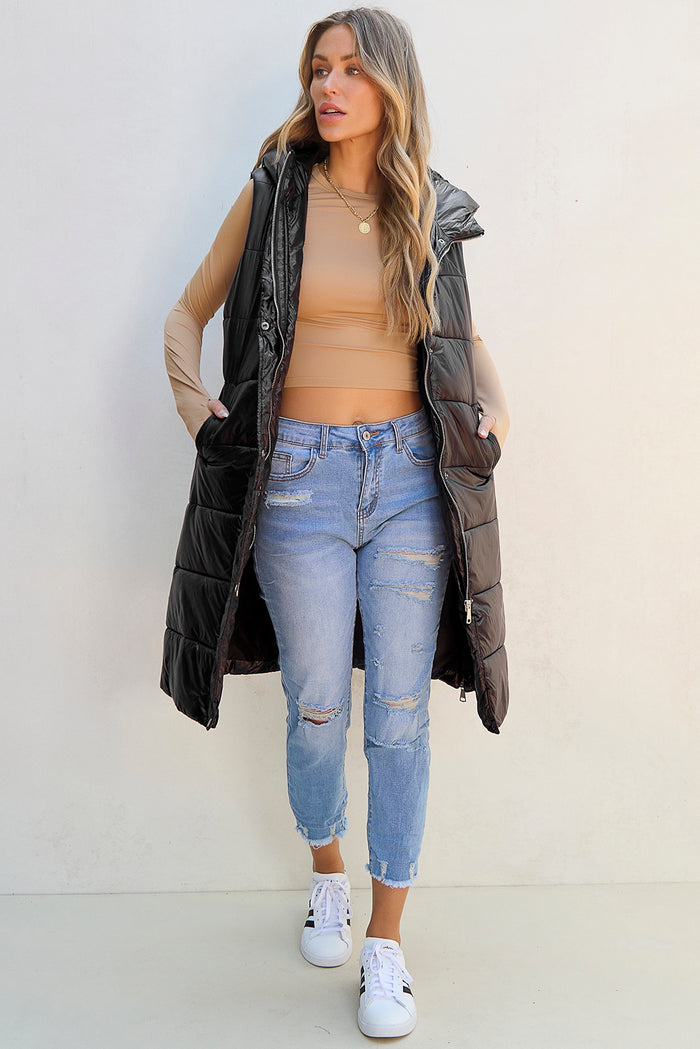 Manteau gilet long matelassé à capuche noir