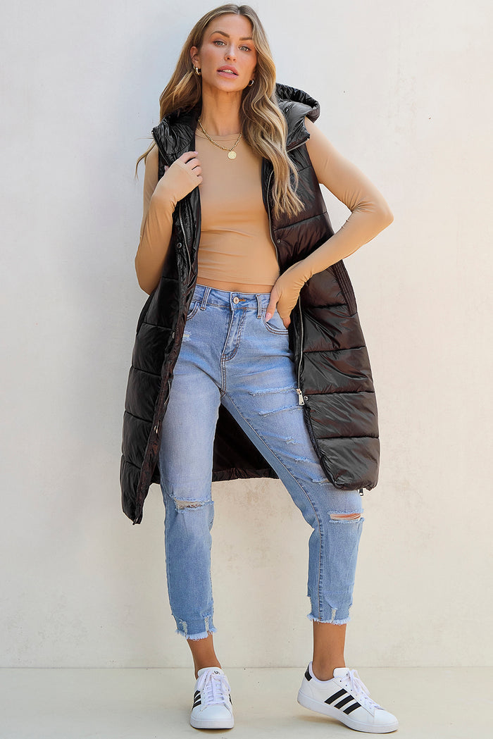 Manteau gilet long matelassé à capuche noir