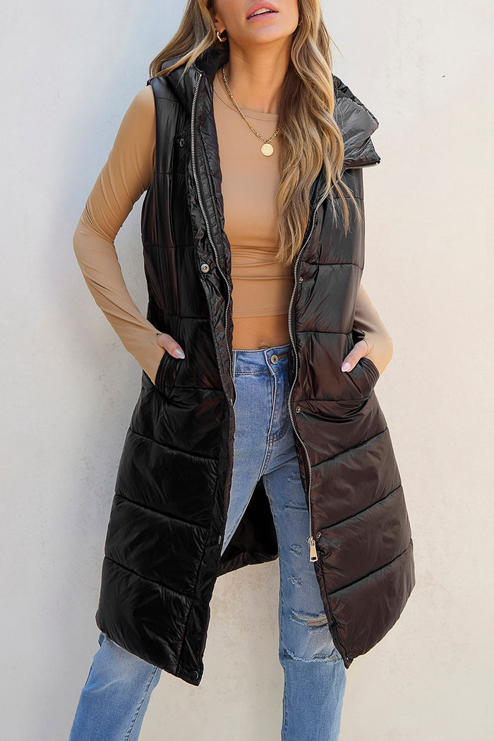 Manteau gilet long matelassé à capuche noir