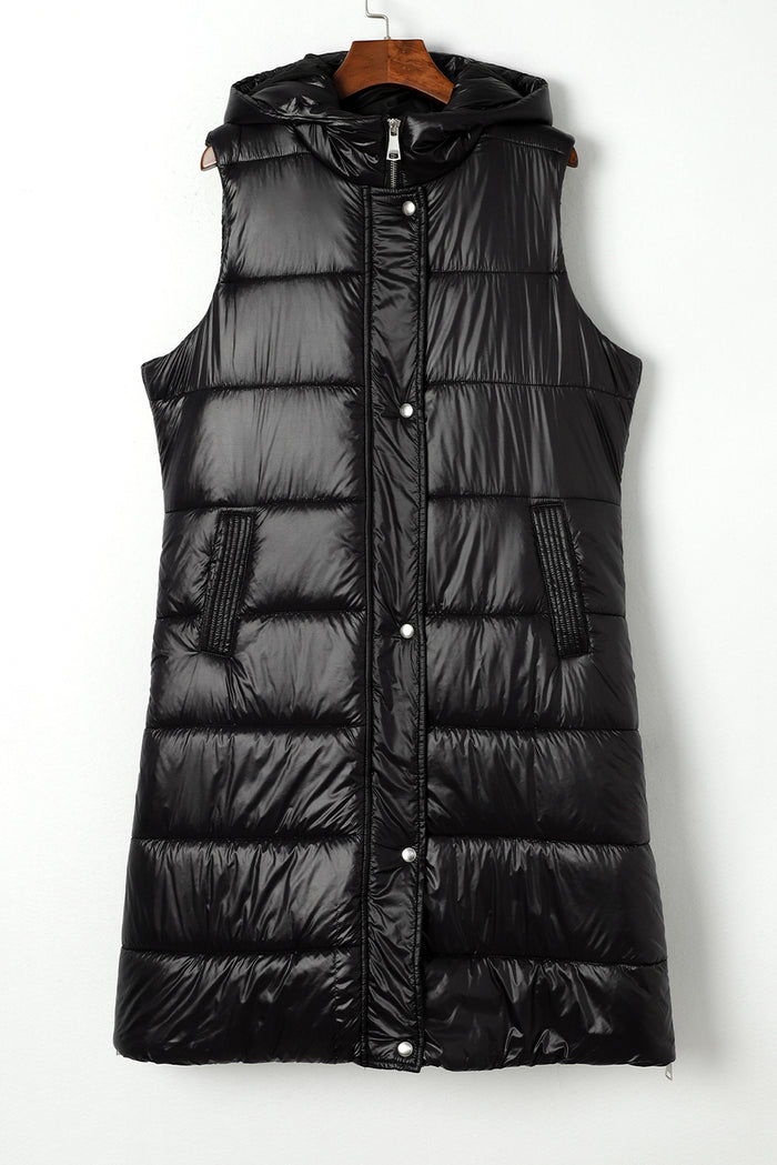 Manteau gilet long matelassé à capuche noir