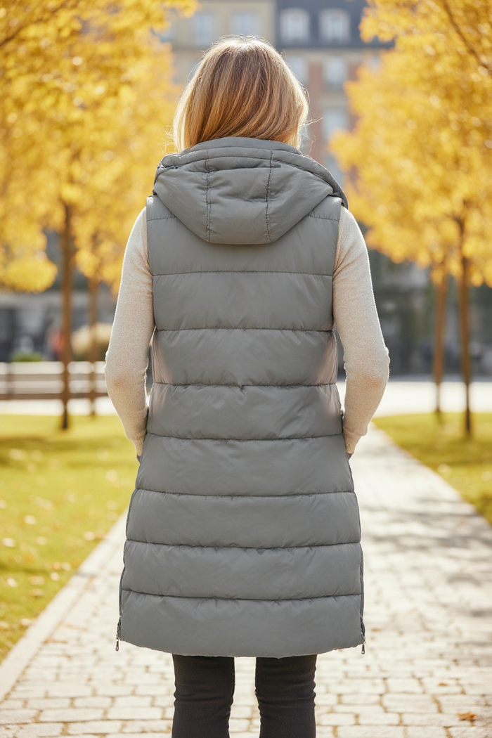 Manteau long matelassé à capuche gris foncé
