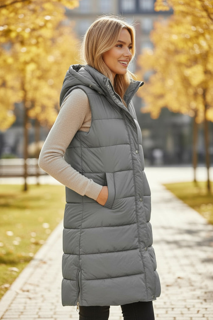 Manteau long matelassé à capuche gris foncé