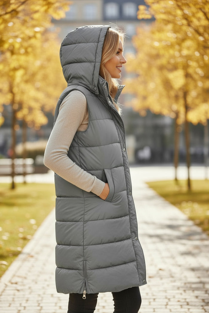 Manteau long matelassé à capuche gris foncé