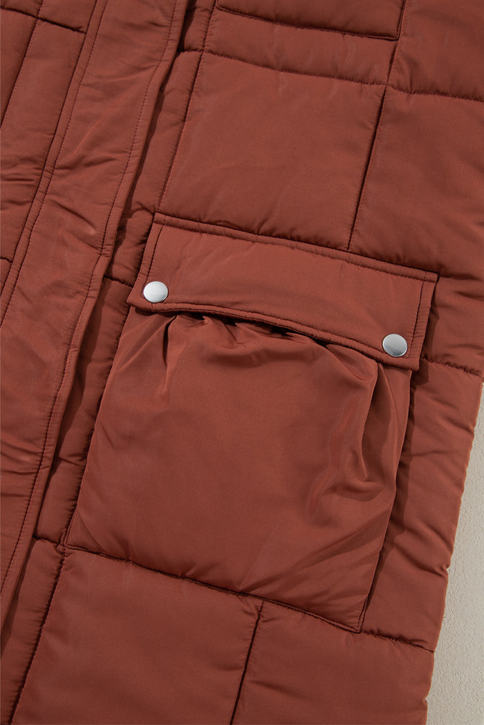 Manteau mi-long zippé à col montant et matelassé café