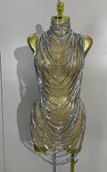 Marie Sparkly Silver Rhinestone Chain Mesh Sheer Mini Dress
