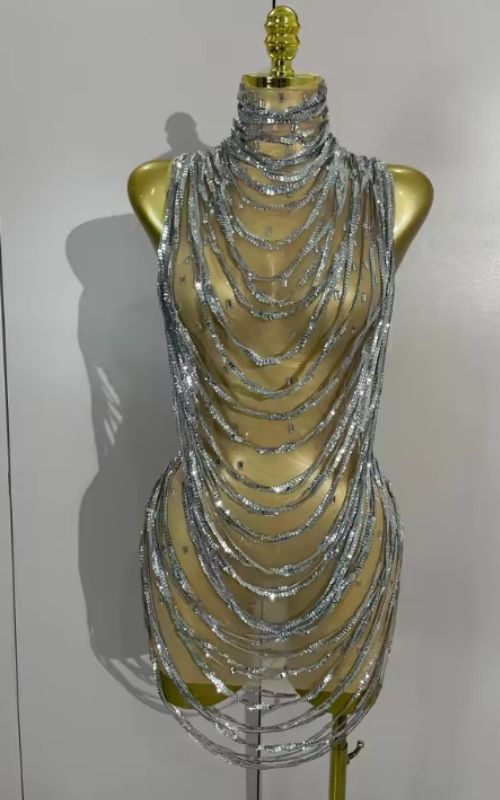 Marie Sparkly Silver Rhinestone Chain Mesh Sheer Mini Dress